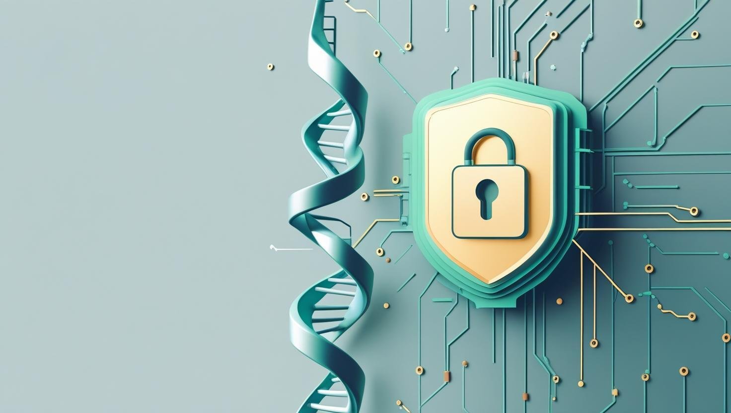 A minimalist, professional thumbnail graphic. A simple, stylized DNA helix or a single-celled organism is subtly integrated with abstract digital circuitry or a glowing AI neural network. A clean, modern shield or lock icon is overlaid to represent c-1