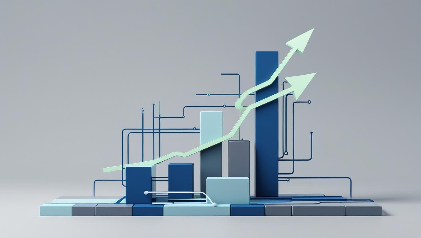A minimalist, professional thumbnail graphic. A solid, clean, architectural foundation made of interconnected, abstract digital blocks is positioned at the base. From this foundation, a sleek, upward-trending graph or a series of flowing arrows emerg