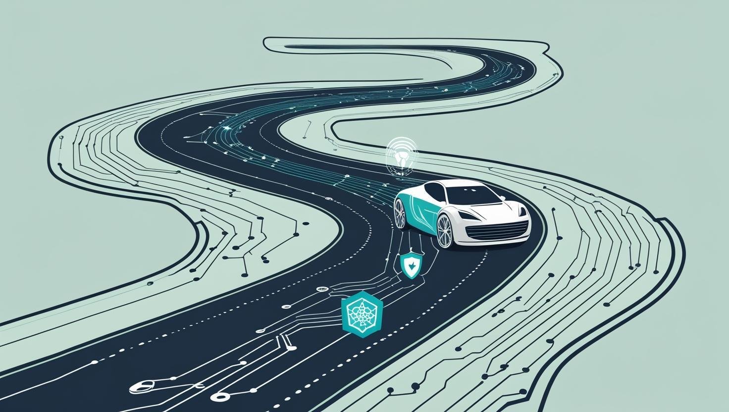 A professional, futuristic thumbnail graphic. A person is driving a sleek, minimalist car on a winding road made of abstract digital circuitry, symbolizing the journey through the new digital frontier. The road is subtly integrated with a stylized DN