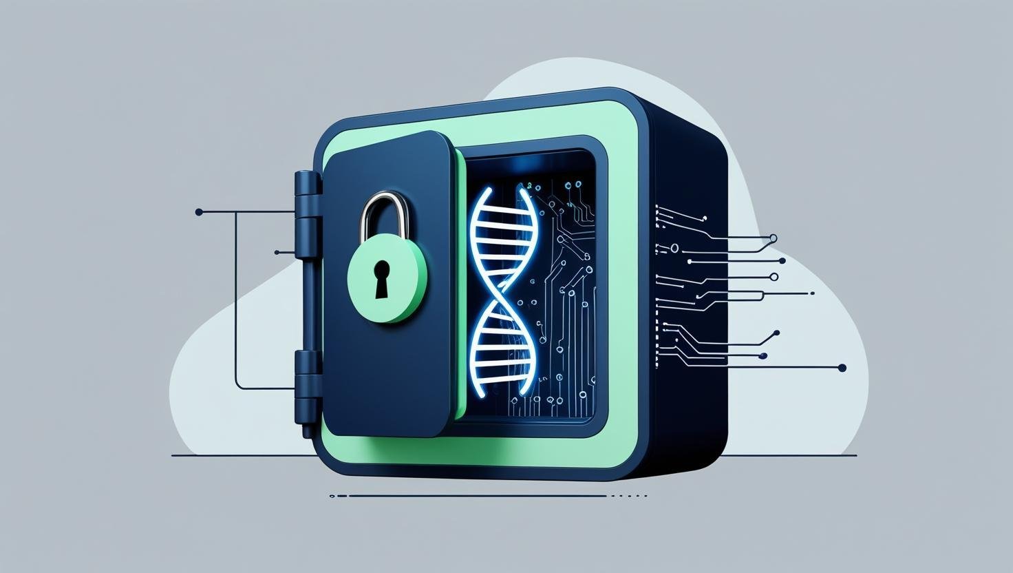 A professional, futuristic thumbnail graphic. A sleek, minimalist digital safe, with a prominent lock icon, is positioned centrally, protecting a glowing, stylized DNA helix and an abstract AI neural network. The safe is rendered with clean lines and