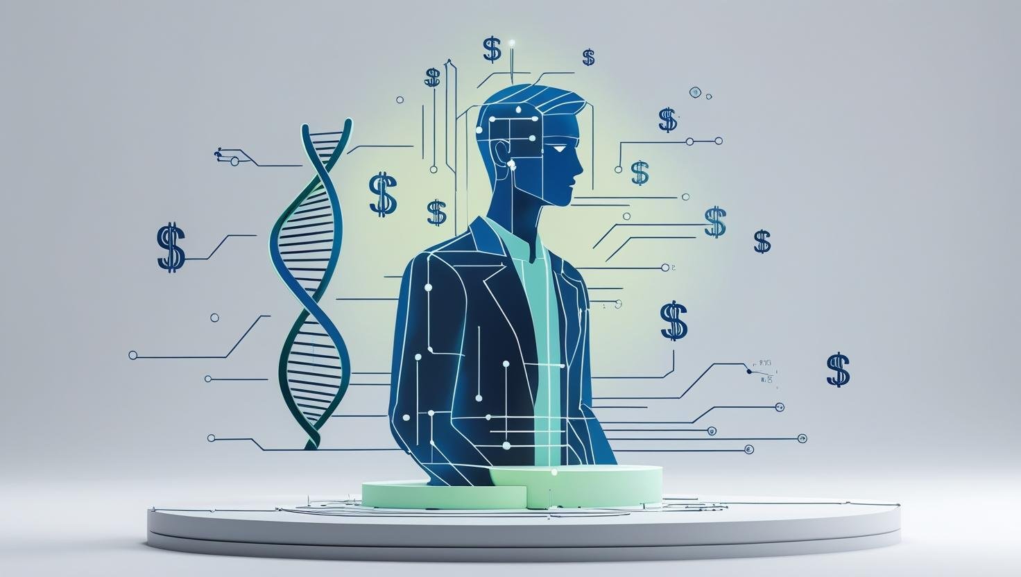 A professional, futuristic thumbnail graphic. an abstract person representing a stock market investor with dollar signs faintly positioned in an abstract an random way in the background,  protecting a glowing, stylized DNA helix and an abstract AI ne