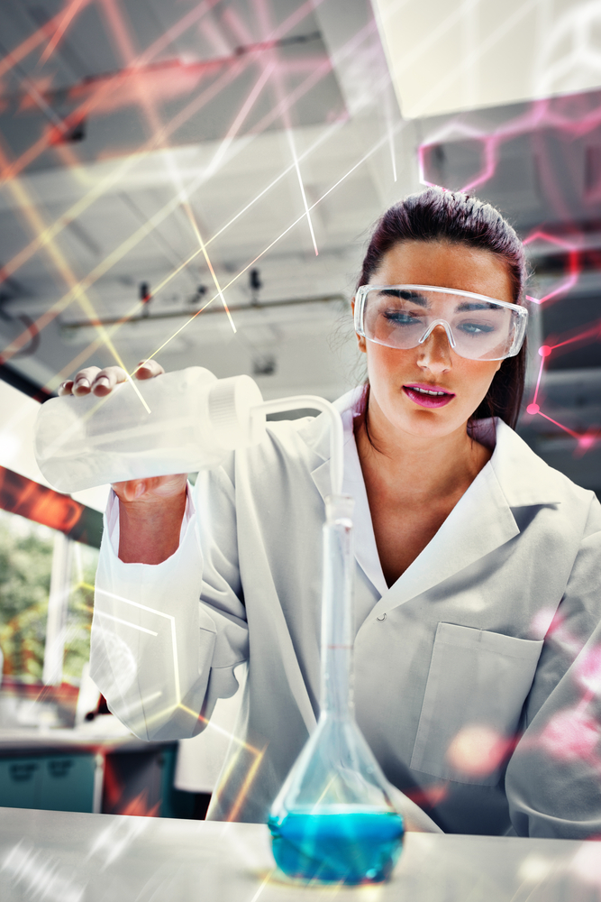 Science and medical graphic against portrait of a female science student pouring liquid Science and medical graphic against portrait of a female science student pouring liquid